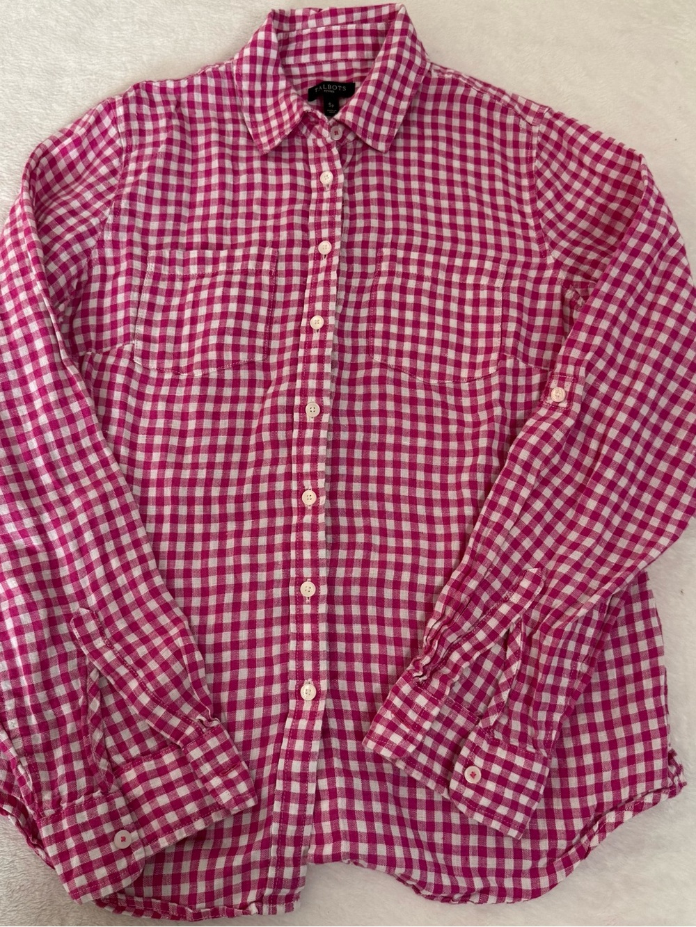 Talbots Petites Women SP Small Petite Pink Gingham 100% Linen Button Down Shirt